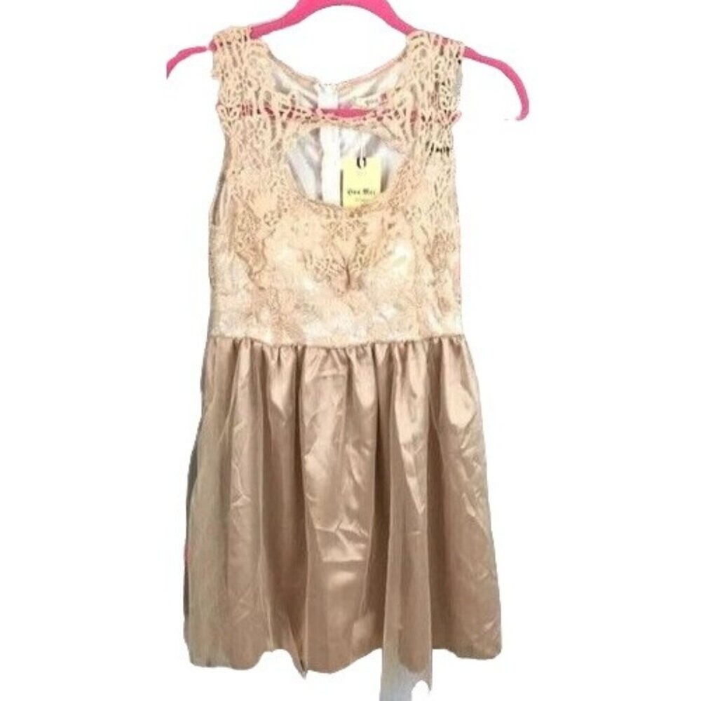 NWT Mini Dress Lace Bodice Satiny Skirt Tulle Underlay Gold Prom Small